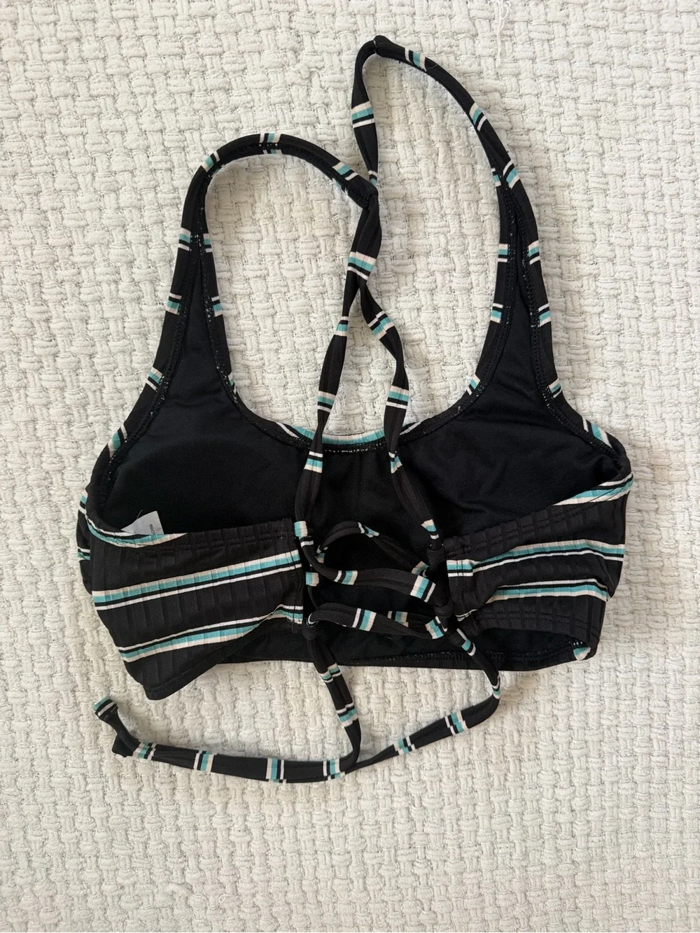 Black Striped Ribbed Swim Top with Teal Accent